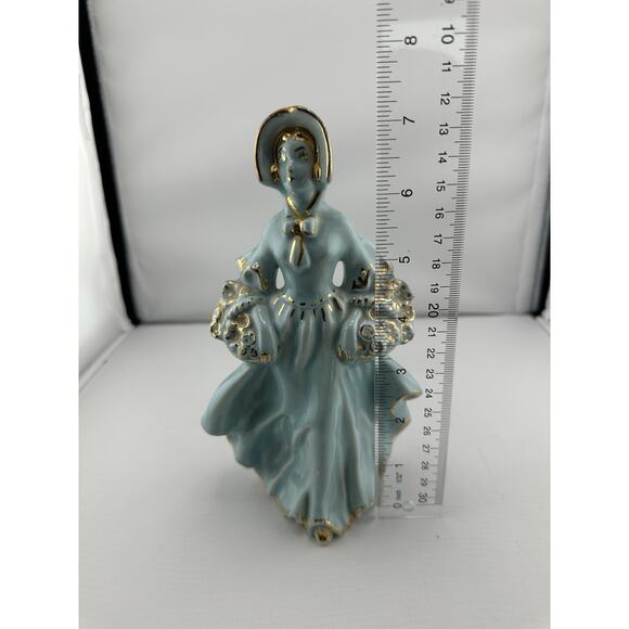Vintage Porcelain Victorian Style Lady w/ Baskets Figurine Turquoise Glaze Gilt - Picture 8 of 9